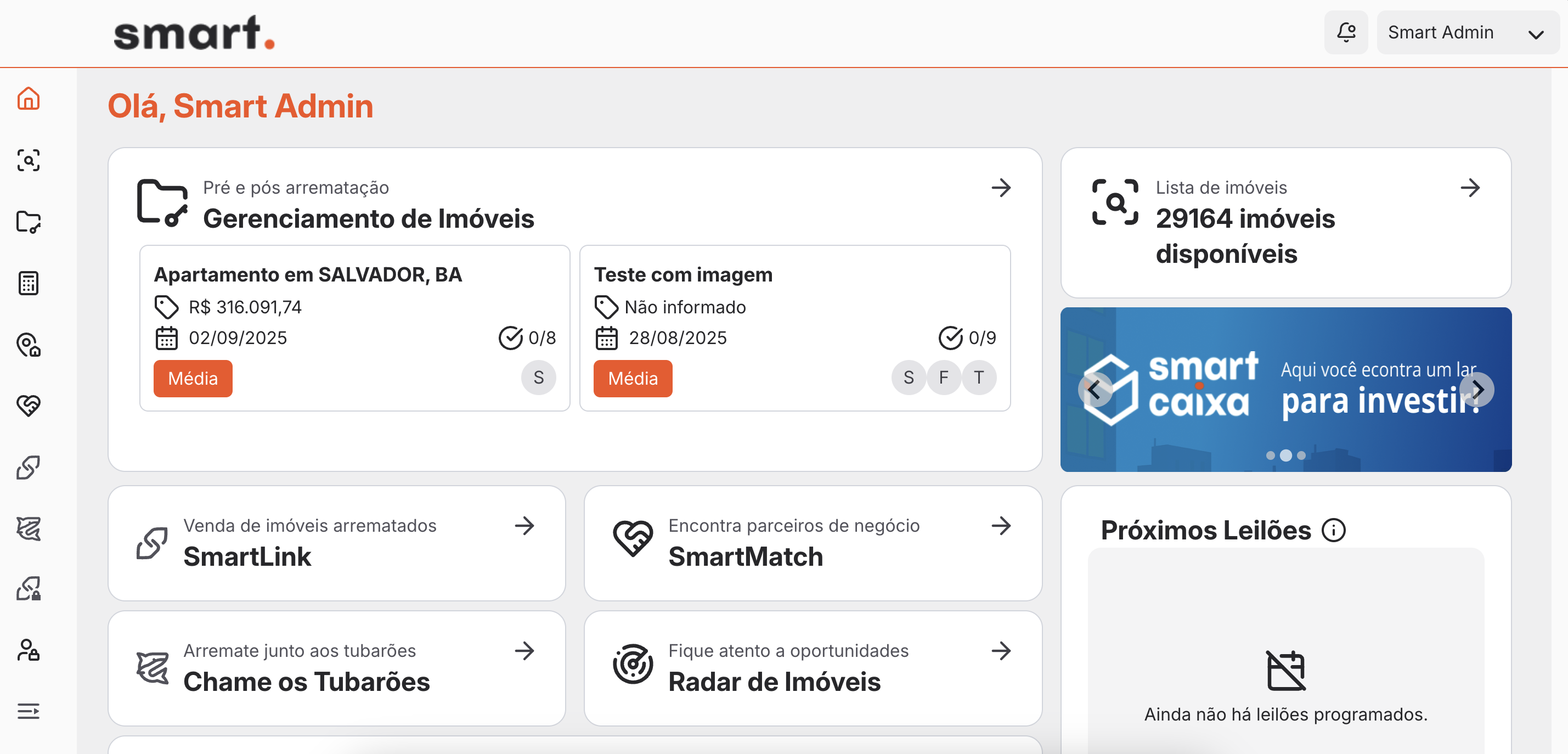 Dashboard do Smart Leilões com ferramentas de análise de imóveis de leilão