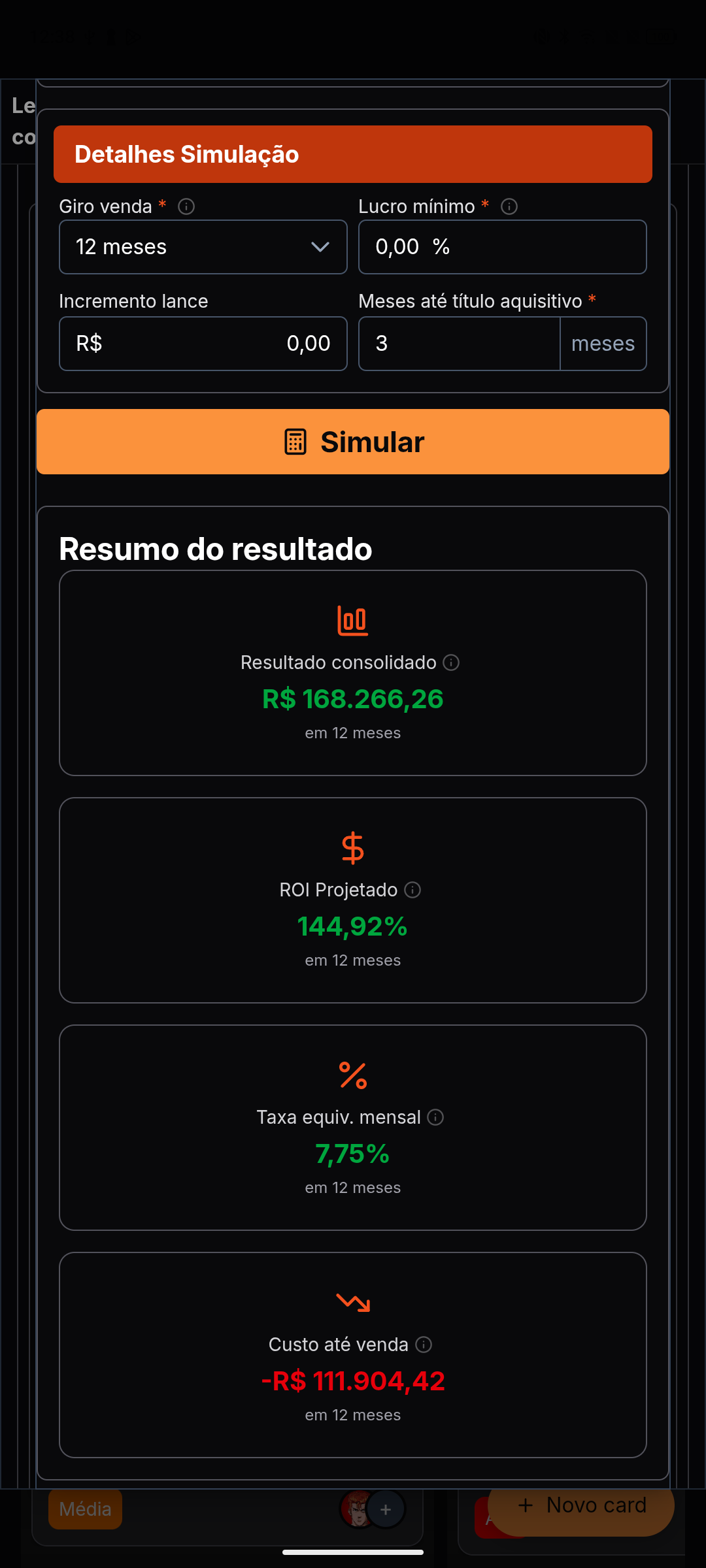 Calculadora Smart do Smart Leilões com ROI de 144%, taxa equivalente mensal e tabela de custos