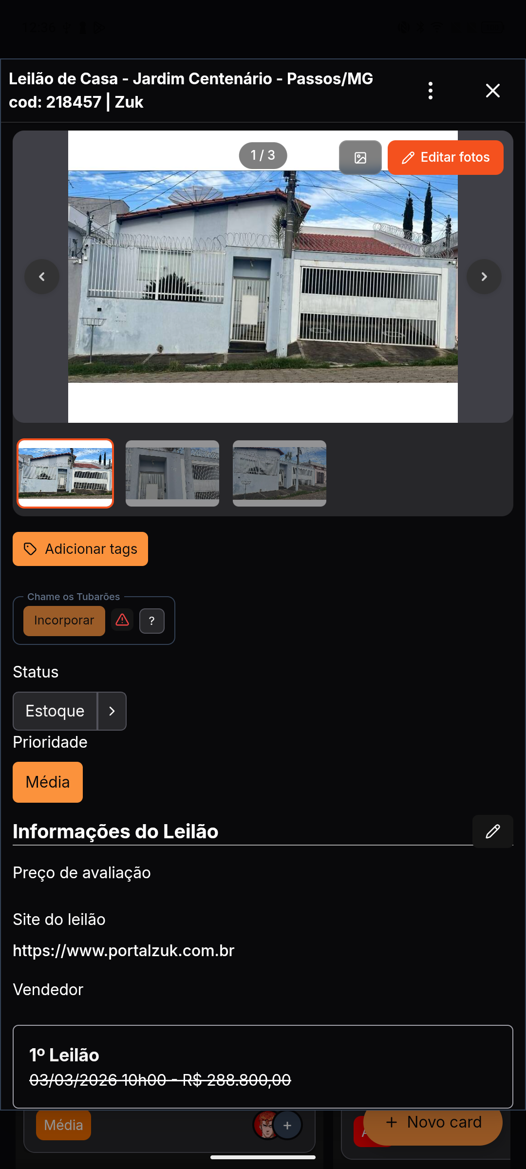 Card de imóvel no Kanban do Smart Leilões com foto, status e dados do leilão