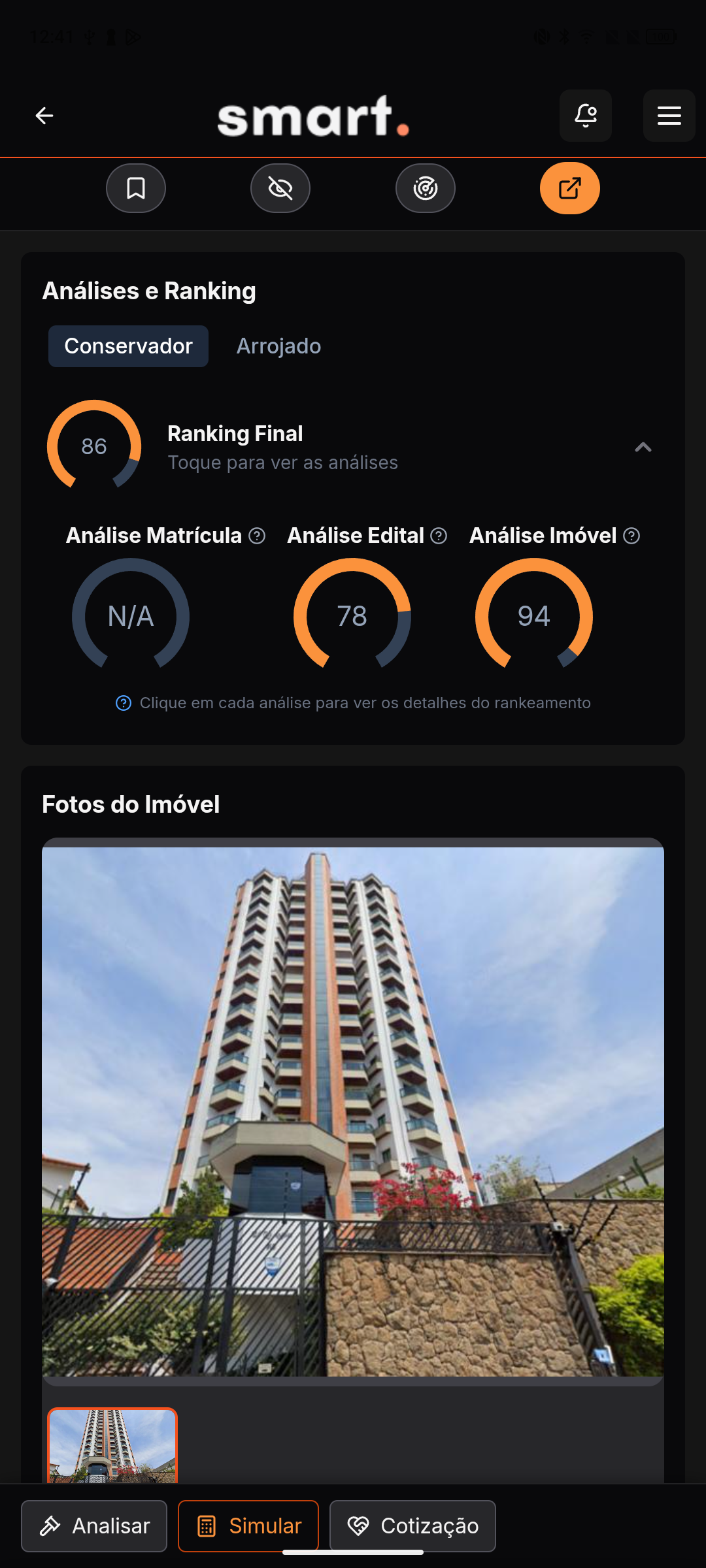 Ranking por IA do Smart Leilões com pontuação de 66% para um imóvel