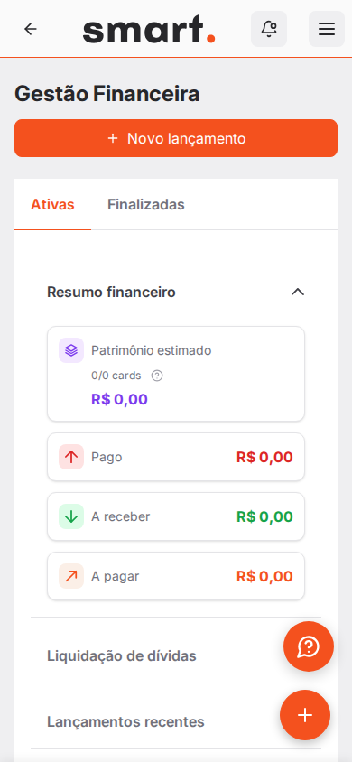 Dashboard de Gestão Financeira do Smart Leilões com patrimônio estimado, valores pagos, a receber e a pagar