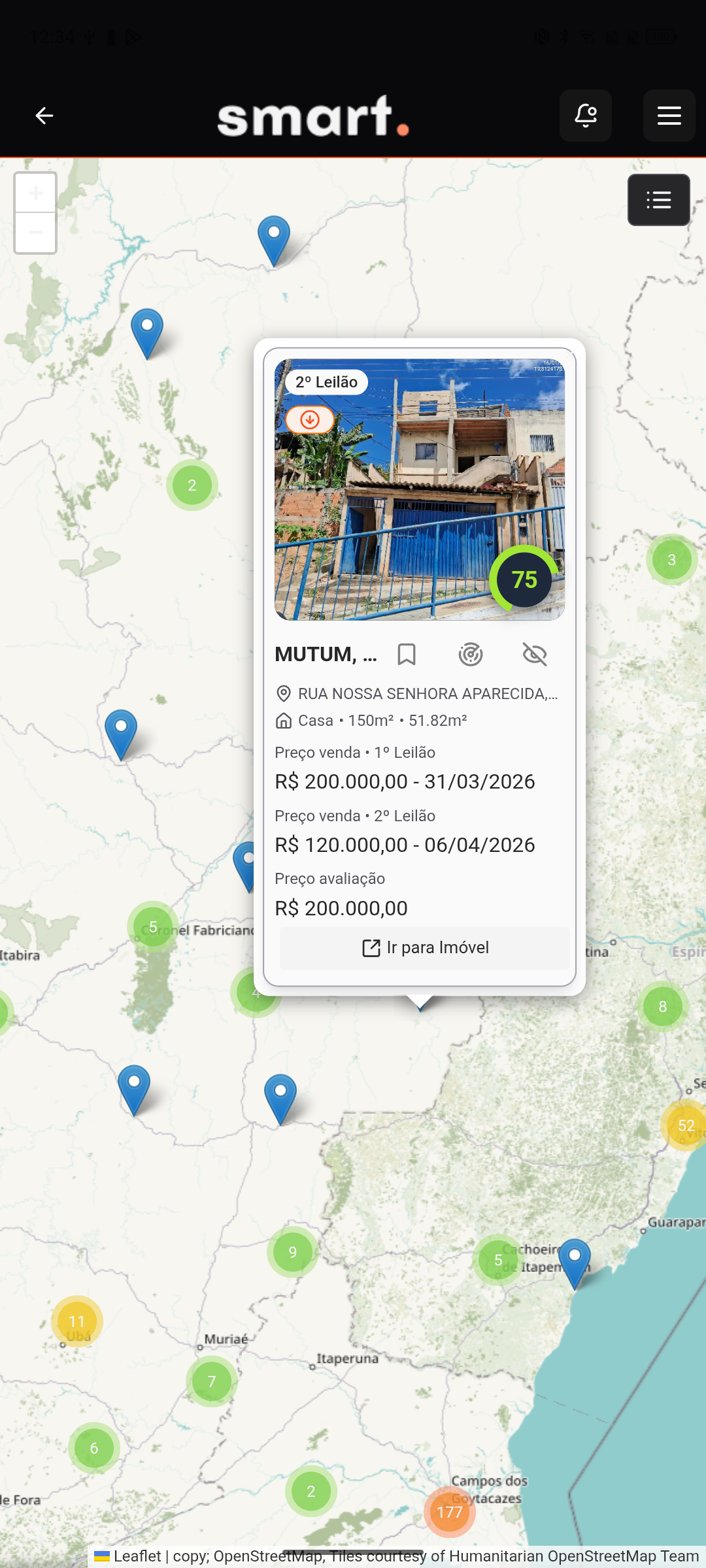 Mapa interativo do Smart Leilões com imóveis de leilão e popup de detalhes